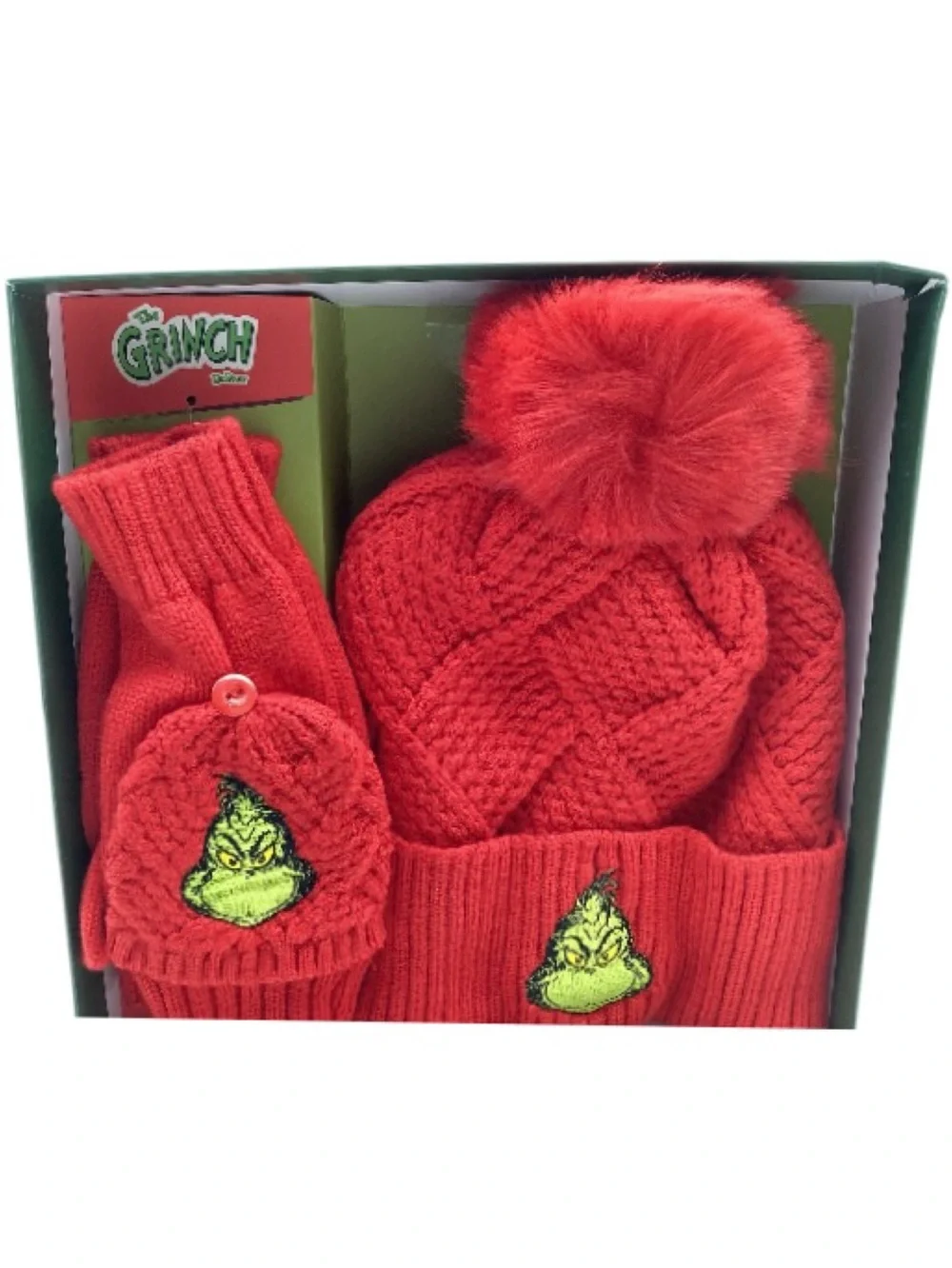 The Grinch Beanie with Faux Fur Pom and Embroidered Gloves Boxed Set (NWT)